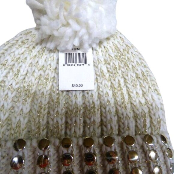 DKNY Flat-Stud Metallic Rib-Knit Beanie Ivory/Gold - Picture 3 of 4